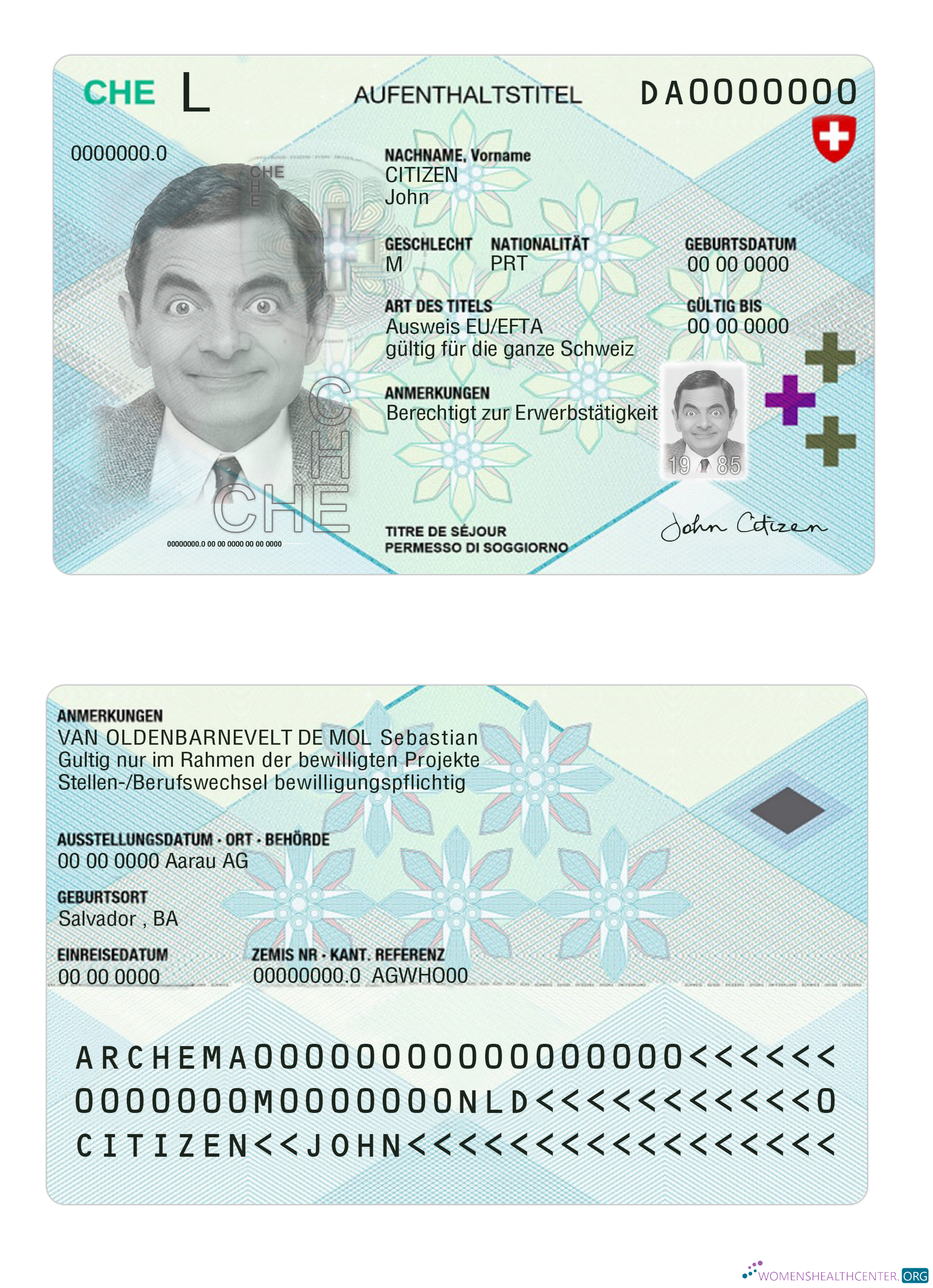 Download Switzerand residence permit 2020 present Photoshop template